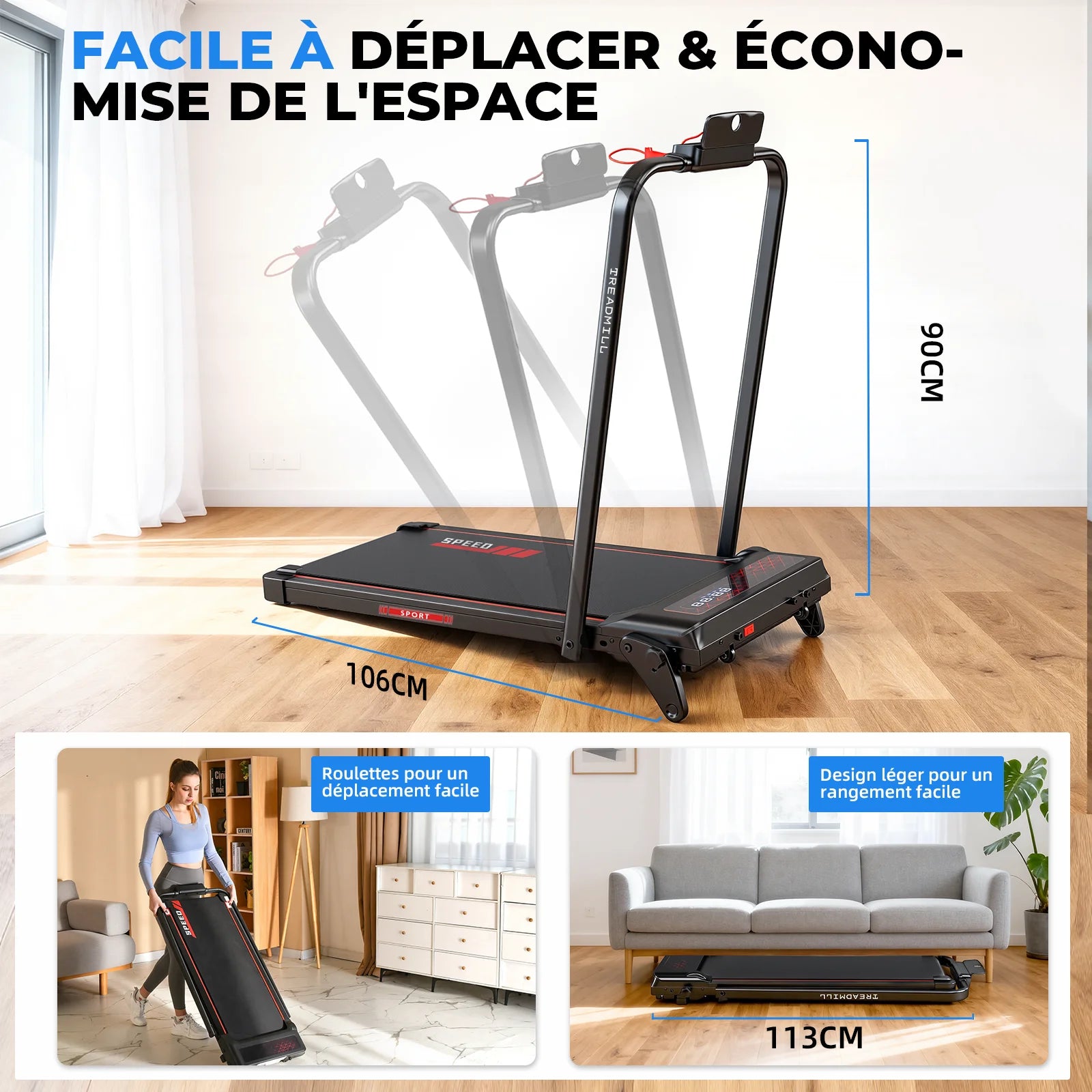 Tapis de course pliable pour la maison, inclinaison réglable jusqu'à 8 %, moteur de 2,25 chevaux, plage de vitesse : 1 à 12 km/h