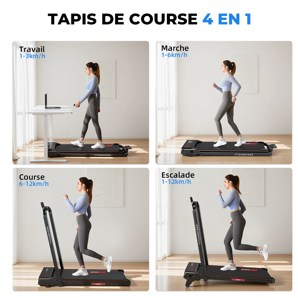 Tapis de course pliable pour la maison, inclinaison réglable jusqu'à 8 %, moteur de 2,25 chevaux, plage de vitesse : 1 à 12 km/h