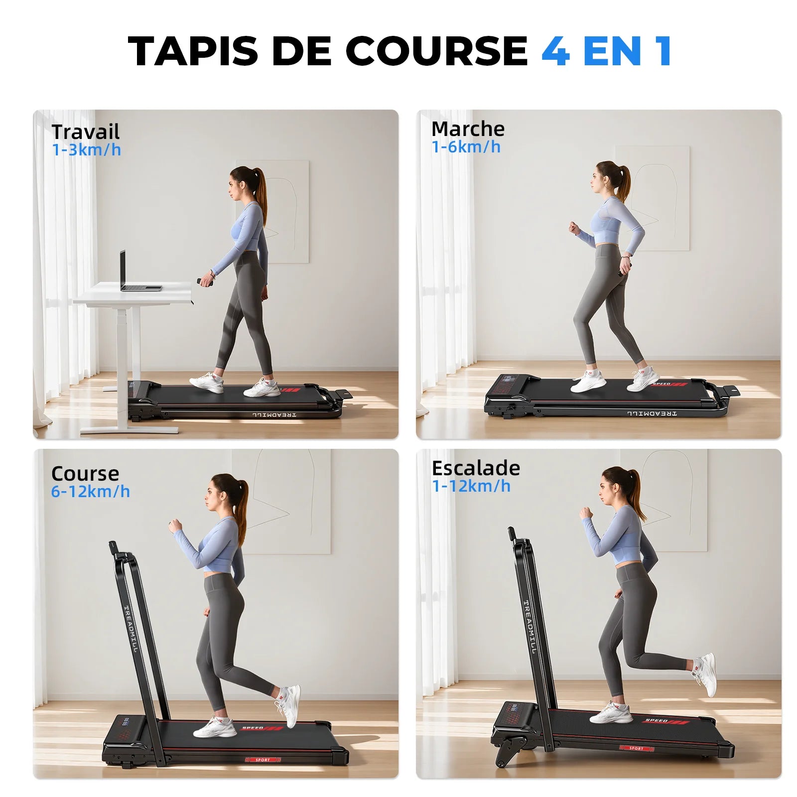 Tapis de course pliable pour la maison, inclinaison réglable jusqu'à 8 %, moteur de 2,25 chevaux, plage de vitesse : 1 à 12 km/h