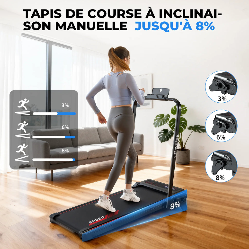 Tapis de course pliable pour la maison, inclinaison réglable jusqu'à 8 %, moteur de 2,25 chevaux, plage de vitesse : 1 à 12 km/h