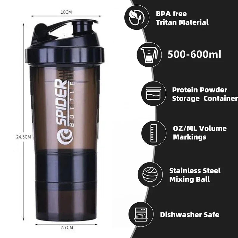 Shaker à protéines Portable avec récipient de stockage de poudre, tasse mélangeur de 500ml, bouteilles d'eau de Sport avec boule à fouet en fil, 1 pièce